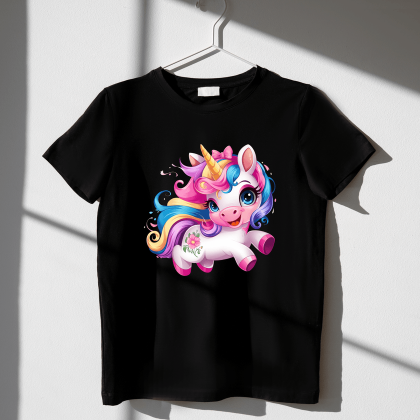 Black unicorn t-shirt for girls with colorful kawaii unicorn print.