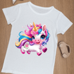 White youth unicorn shirt with playful rainbow unicorn illustration.