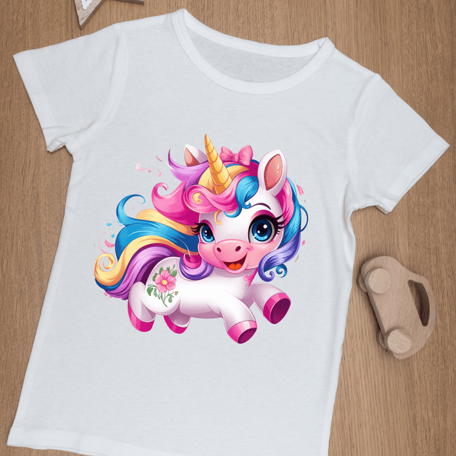 White youth unicorn shirt with playful rainbow unicorn illustration.