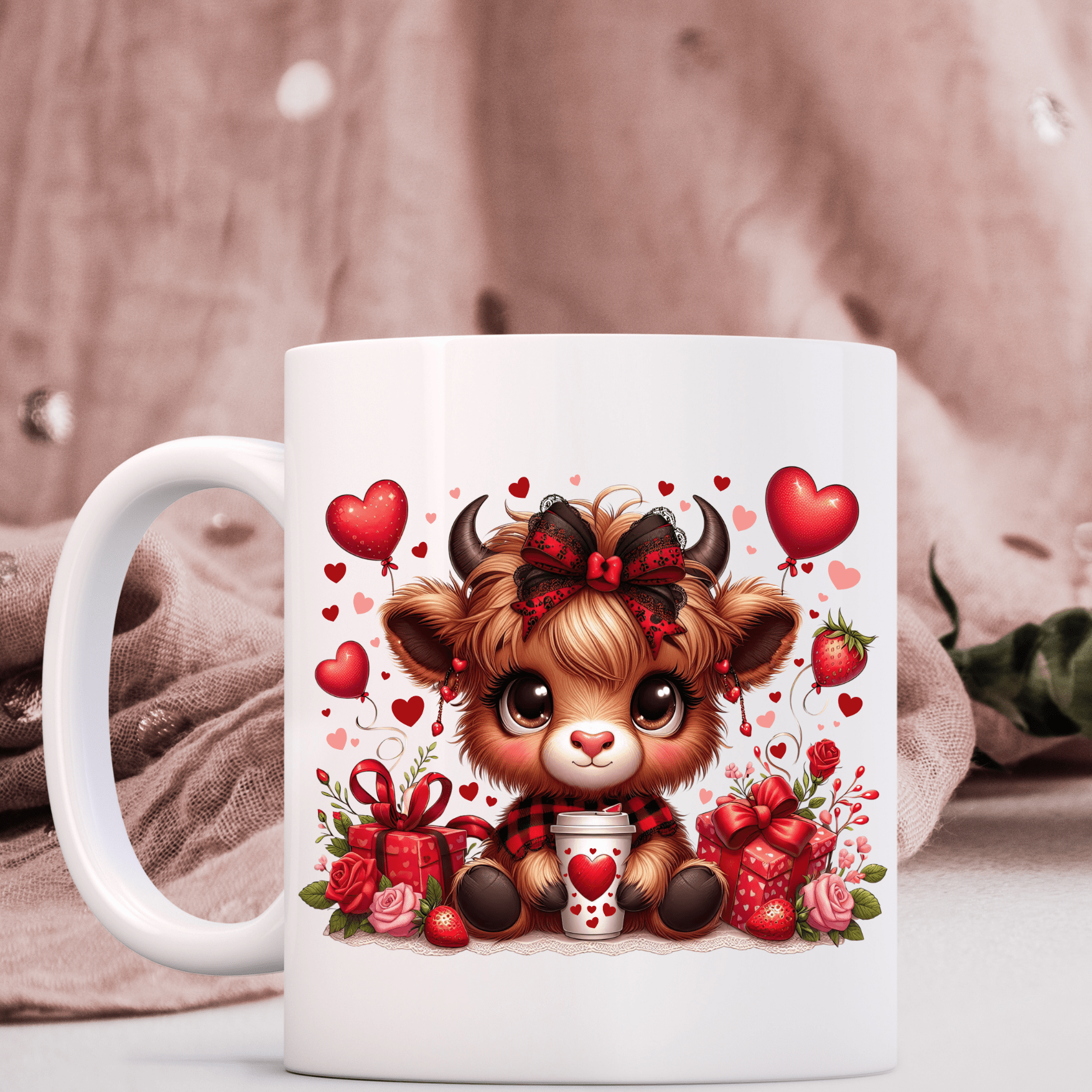 Close-up of cute Valentine highland cow design on mug showing big eyes, plaid scarf, lace bow, balloons, and roses
