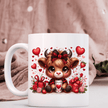 Close-up of cute Valentine highland cow design on mug showing big eyes, plaid scarf, lace bow, balloons, and roses