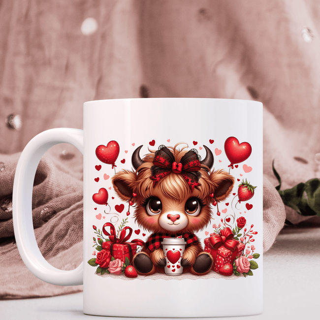 Close-up of cute Valentine highland cow design on mug showing big eyes, plaid scarf, lace bow, balloons, and roses