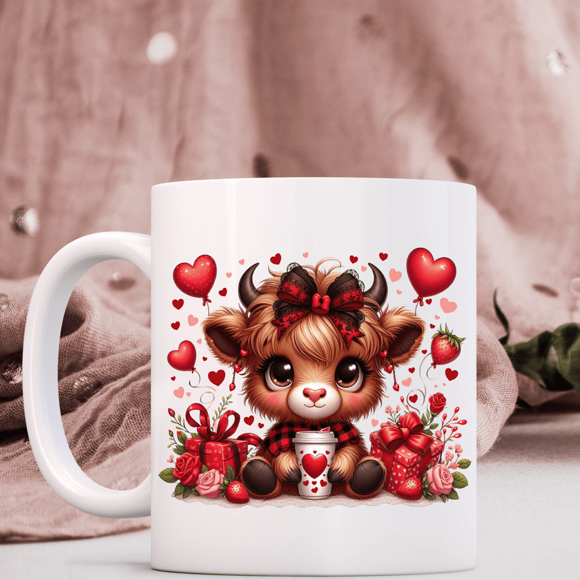 Close-up of cute Valentine highland cow design on mug showing big eyes, plaid scarf, lace bow, balloons, and roses