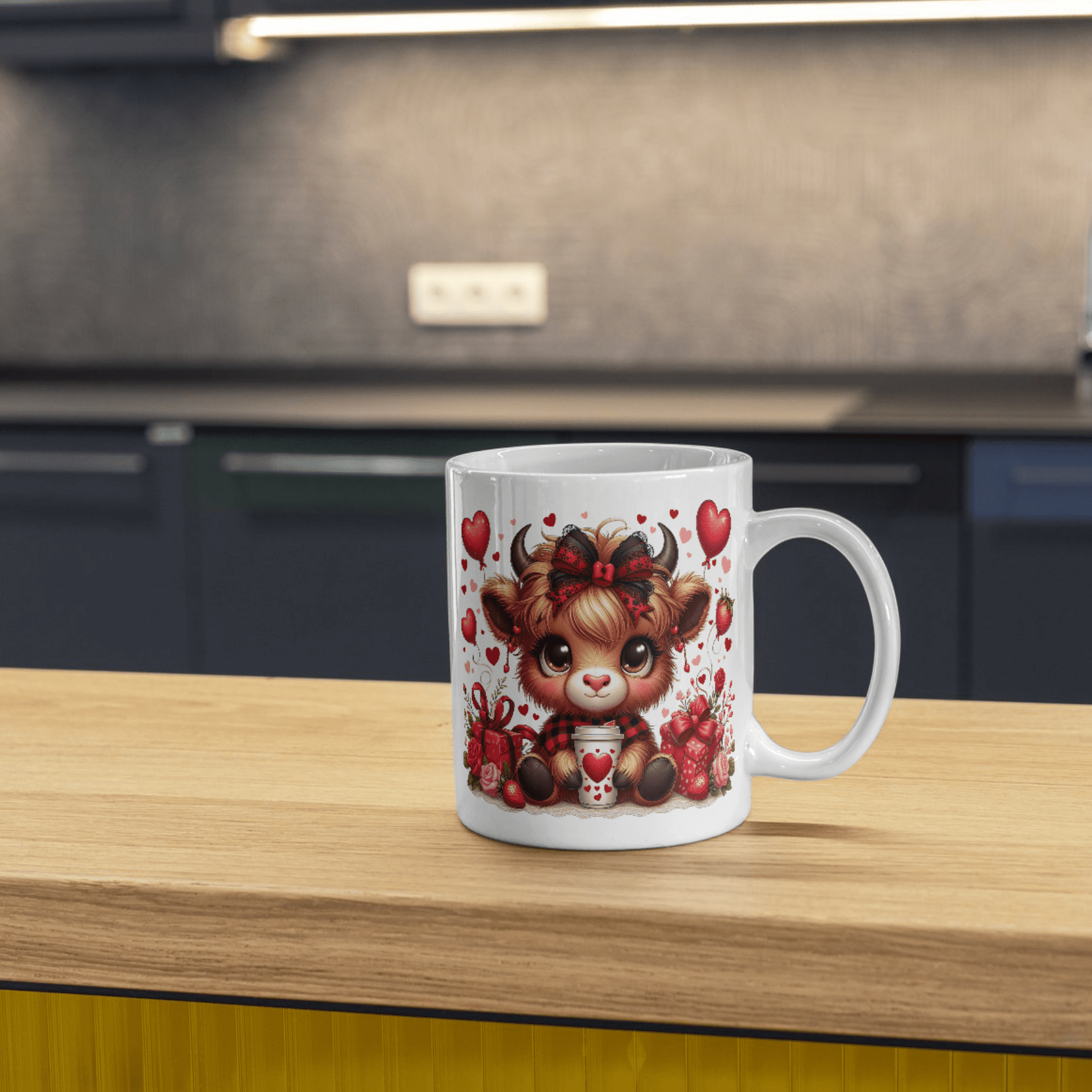 Mug filled with coffee displayed in gift box with brown crinkle paper, showcasing full-wrap fluffy cow Valentine artwork