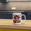 Mug filled with coffee displayed in gift box with brown crinkle paper, showcasing full-wrap fluffy cow Valentine artwork