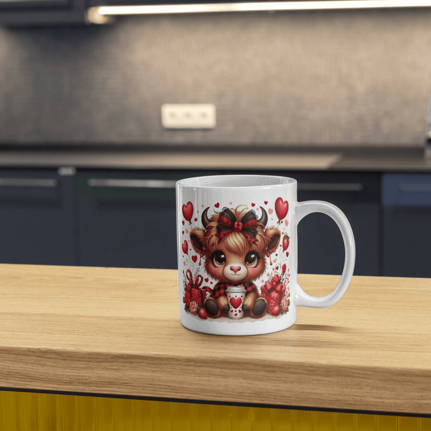Mug filled with coffee displayed in gift box with brown crinkle paper, showcasing full-wrap fluffy cow Valentine artwork