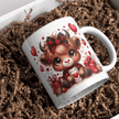 White ceramic mug featuring adorable baby highland cow with red bow, hearts, strawberries, gifts, and coffee cup on kitchen counter