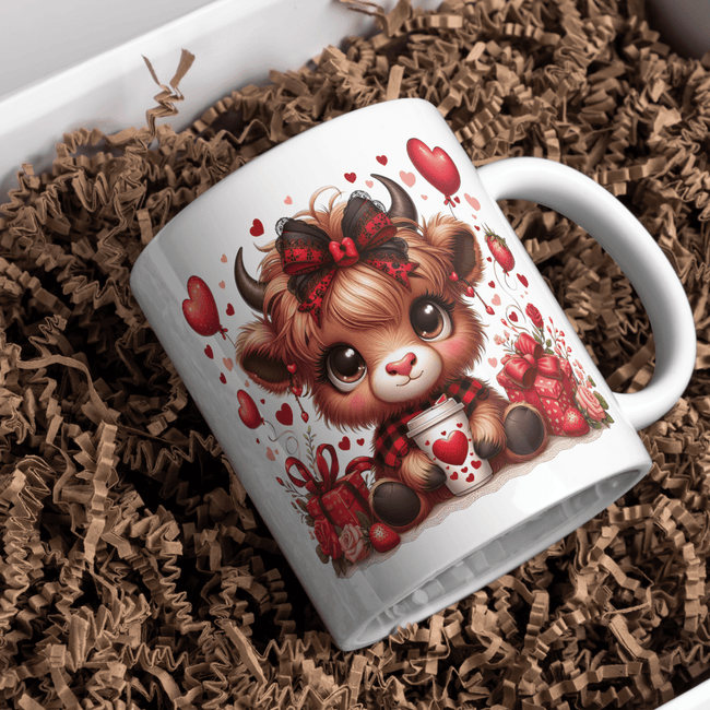 White ceramic mug featuring adorable baby highland cow with red bow, hearts, strawberries, gifts, and coffee cup on kitchen counter