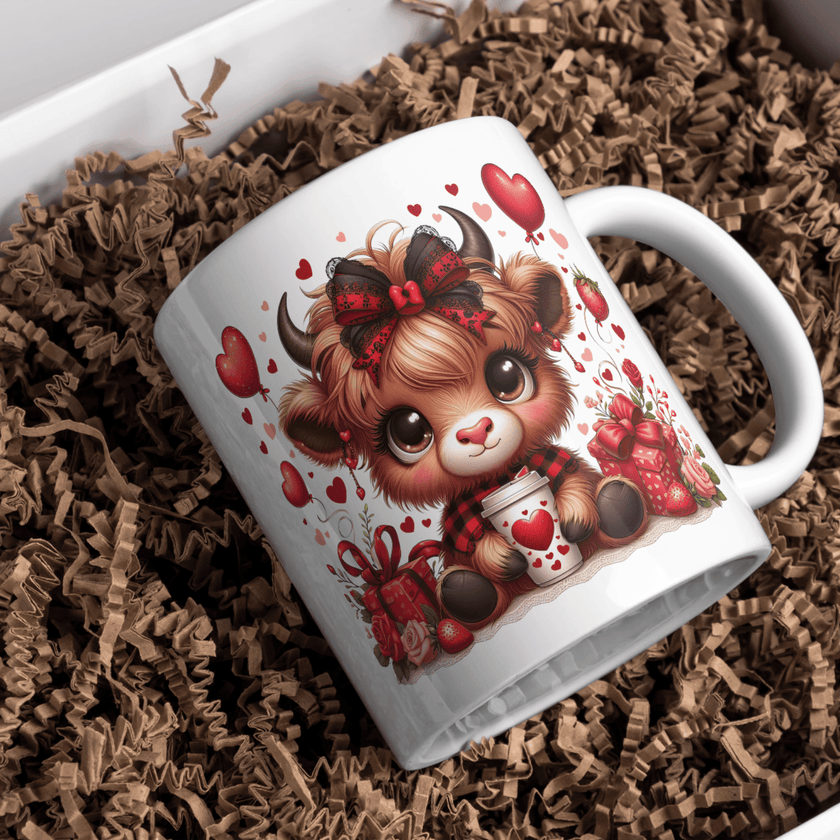 White ceramic mug featuring adorable baby highland cow with red bow, hearts, strawberries, gifts, and coffee cup on kitchen counter
