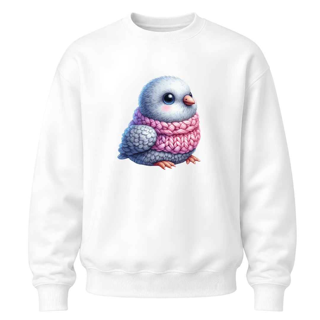 White youth crewneck sweatshirt displaying a cute bird character in a knitted scarf design.