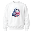 White youth crewneck sweatshirt displaying a cute bird character in a knitted scarf design.