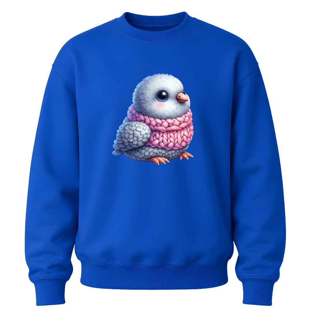 Royal blue youth sweater featuring a charming bird graphic perfect for animal loving kids.