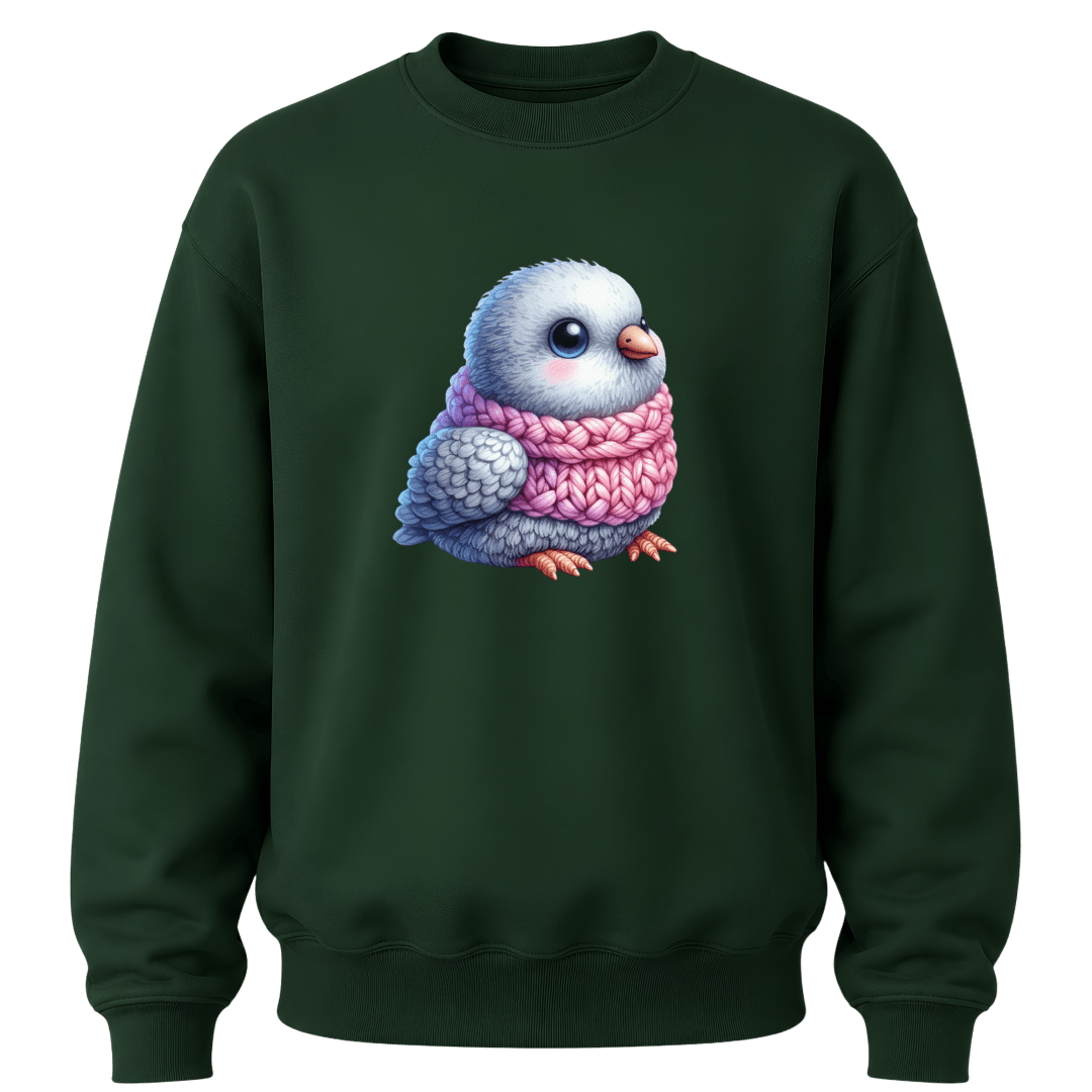 Forest green kids crewneck sweatshirt with adorable bird illustration and cozy pink scarf design.