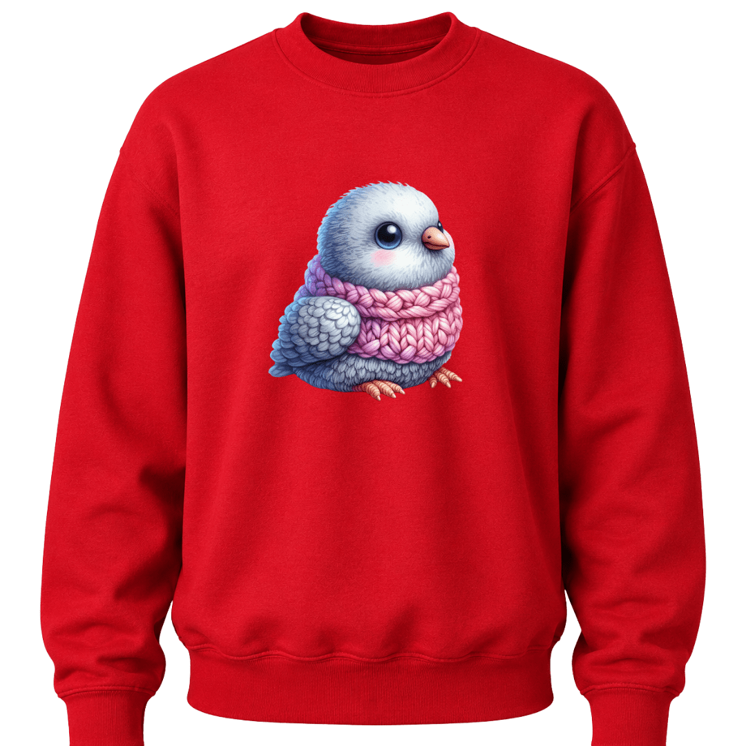 Bright red youth crewneck sweater with cute animal bird illustration centered on the chest.
