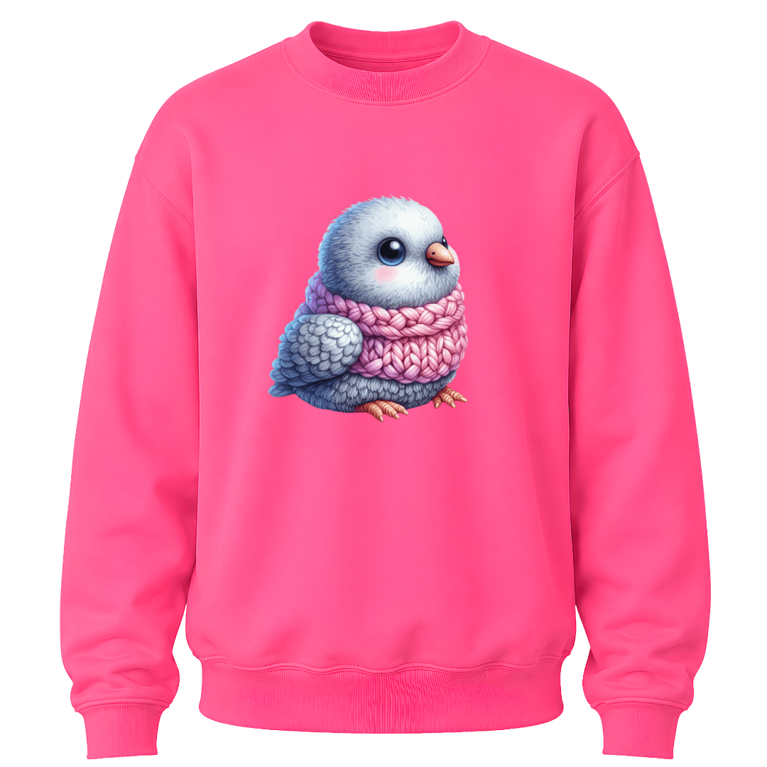 Safety pink youth crewneck featuring a cute bird graphic with soft pastel winter colors.
