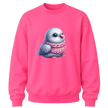 Safety pink youth crewneck featuring a cute bird graphic with soft pastel winter colors.