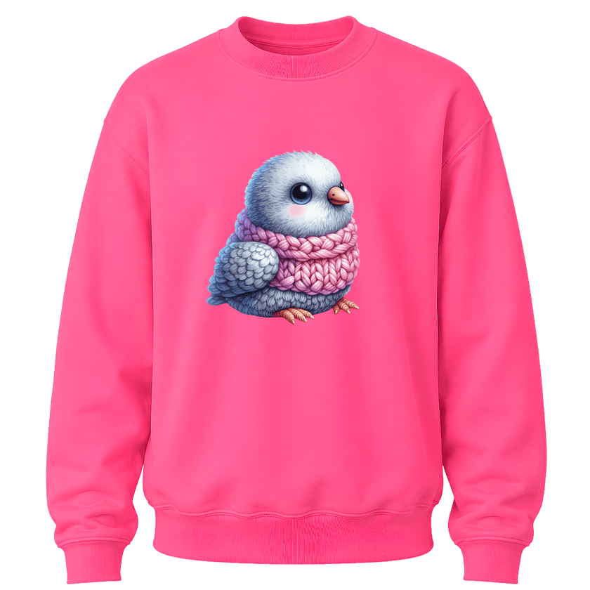 Safety pink youth crewneck featuring a cute bird graphic with soft pastel winter colors.