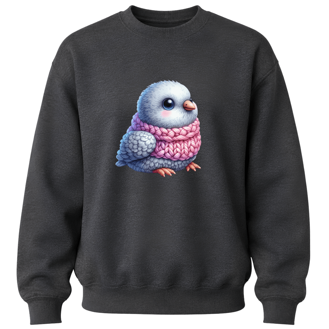 Charcoal grey children's sweatshirt displaying a fluffy bird wrapped in a knitted pink scarf.