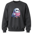 Charcoal grey children's sweatshirt displaying a fluffy bird wrapped in a knitted pink scarf.
