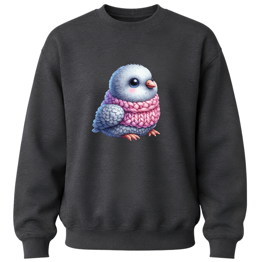 Charcoal grey children's sweatshirt displaying a fluffy bird wrapped in a knitted pink scarf.