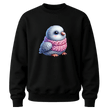 Black youth crewneck sweater featuring a cute fluffy winter bird wearing a pink knitted scarf graphic.