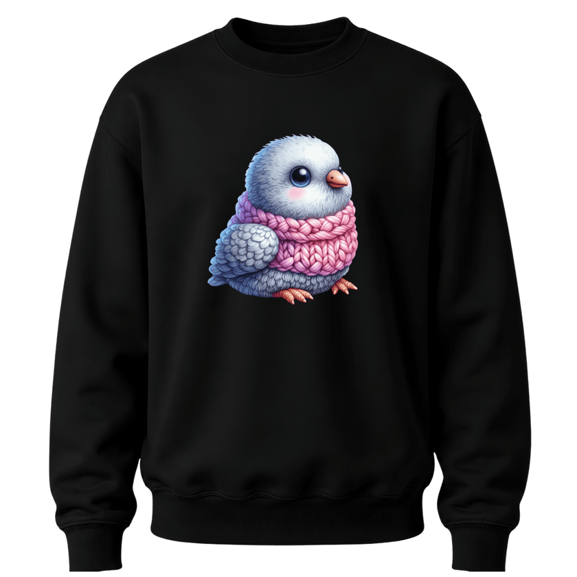 Black youth crewneck sweater featuring a cute fluffy winter bird wearing a pink knitted scarf graphic.