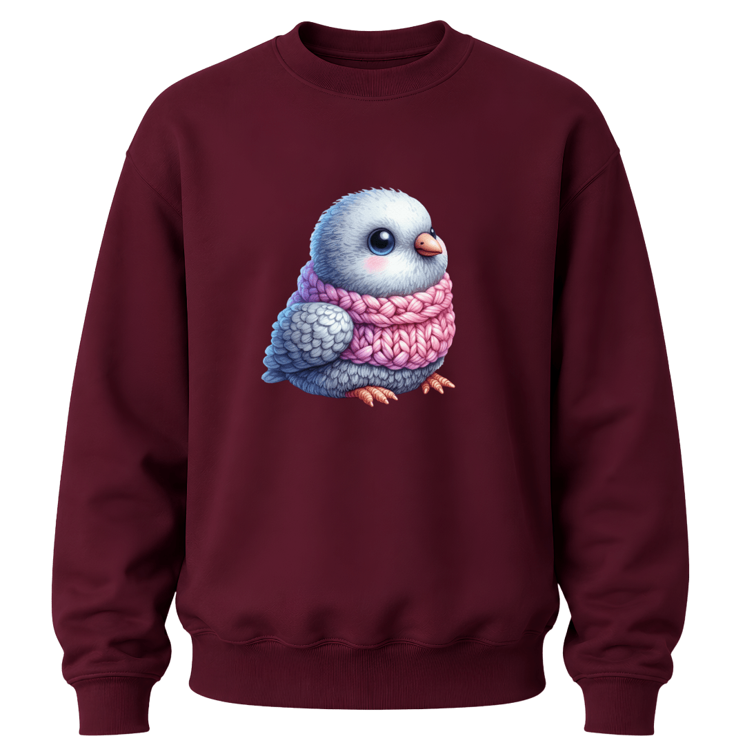 Maroon youth sweater showcasing a charming winter bird artwork for boys and girls.