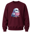 Maroon youth sweater showcasing a charming winter bird artwork for boys and girls.
