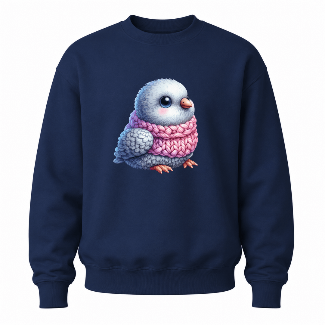 Navy blue youth pullover sweater with adorable bird artwork and cozy winter aesthetic.