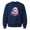 Navy blue youth pullover sweater with adorable bird artwork and cozy winter aesthetic.