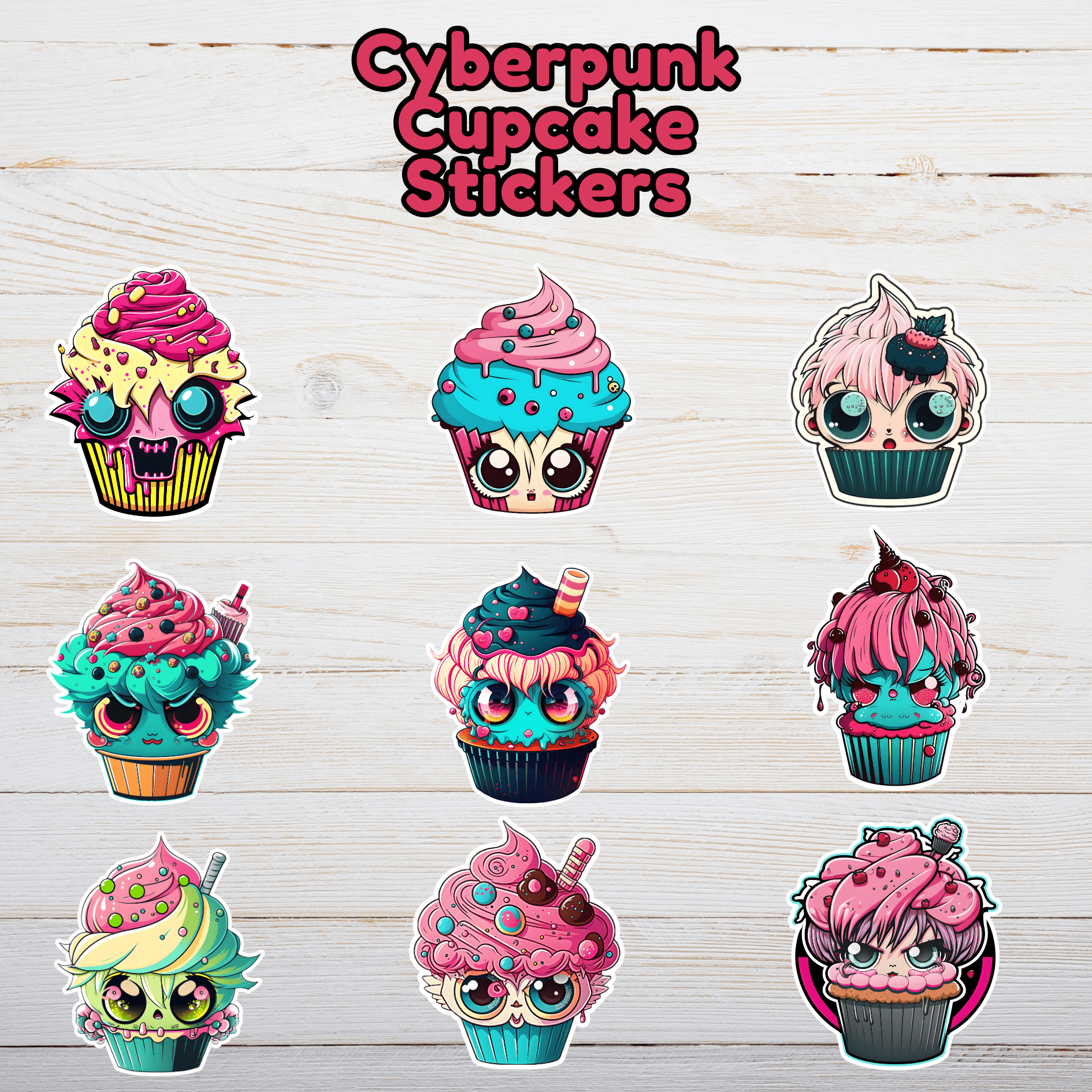 Set of 12 cyberpunk cupcake stickers featuring adorable chibi cupcakes with neon pink, turquoise, lime icing drips, glowing anime eyes, mohawks, strawberries, sprinkles and pastel cyber-goth style on wooden background