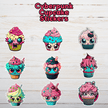 Set of 12 cyberpunk cupcake stickers featuring adorable chibi cupcakes with neon pink, turquoise, lime icing drips, glowing anime eyes, mohawks, strawberries, sprinkles and pastel cyber-goth style on wooden background