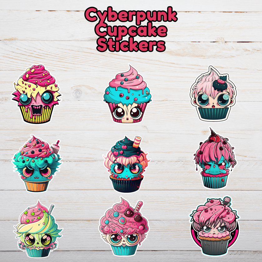 Set of 12 cyberpunk cupcake stickers featuring adorable chibi cupcakes with neon pink, turquoise, lime icing drips, glowing anime eyes, mohawks, strawberries, sprinkles and pastel cyber-goth style on wooden background