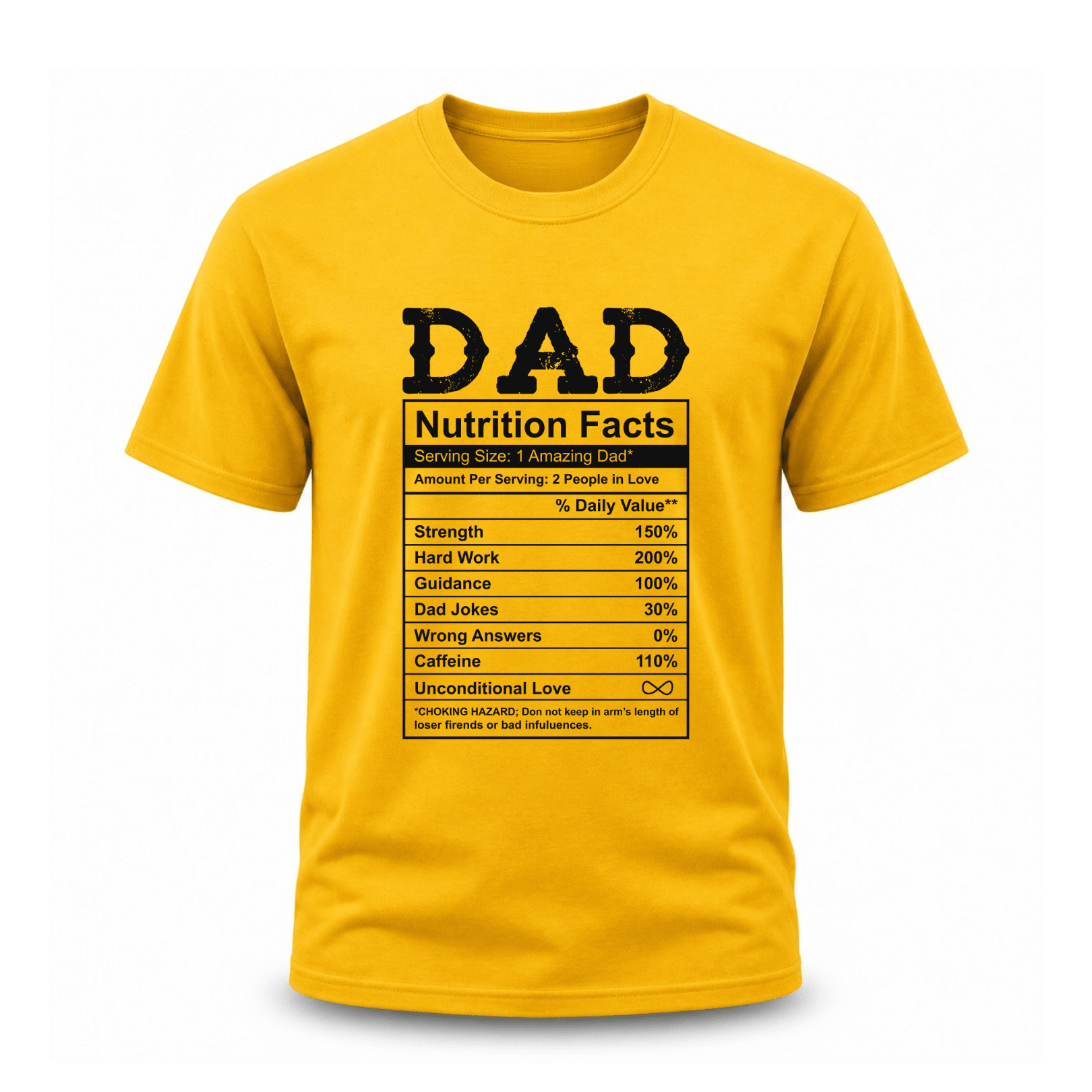 Yellow novelty dad shirt with funny nutrition facts chart and classic casual fit