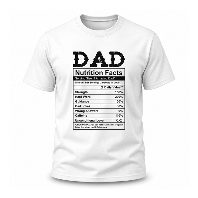 White funny dad shirt with strength hard work and unconditional love nutrition facts artwork