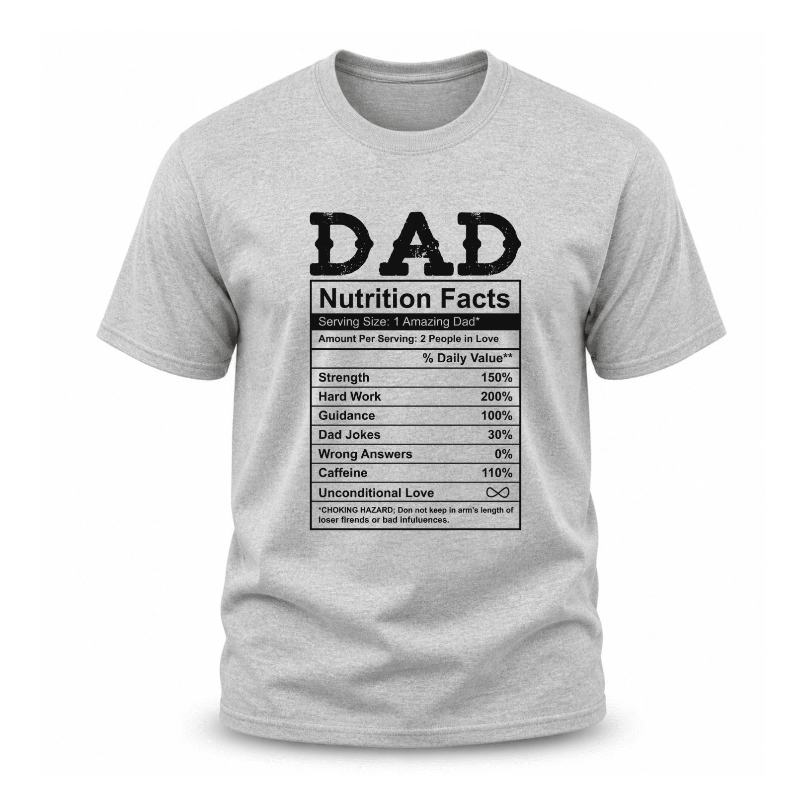 Gray graphic tee for dads featuring vintage style Dad Nutrition Facts design and bold typography