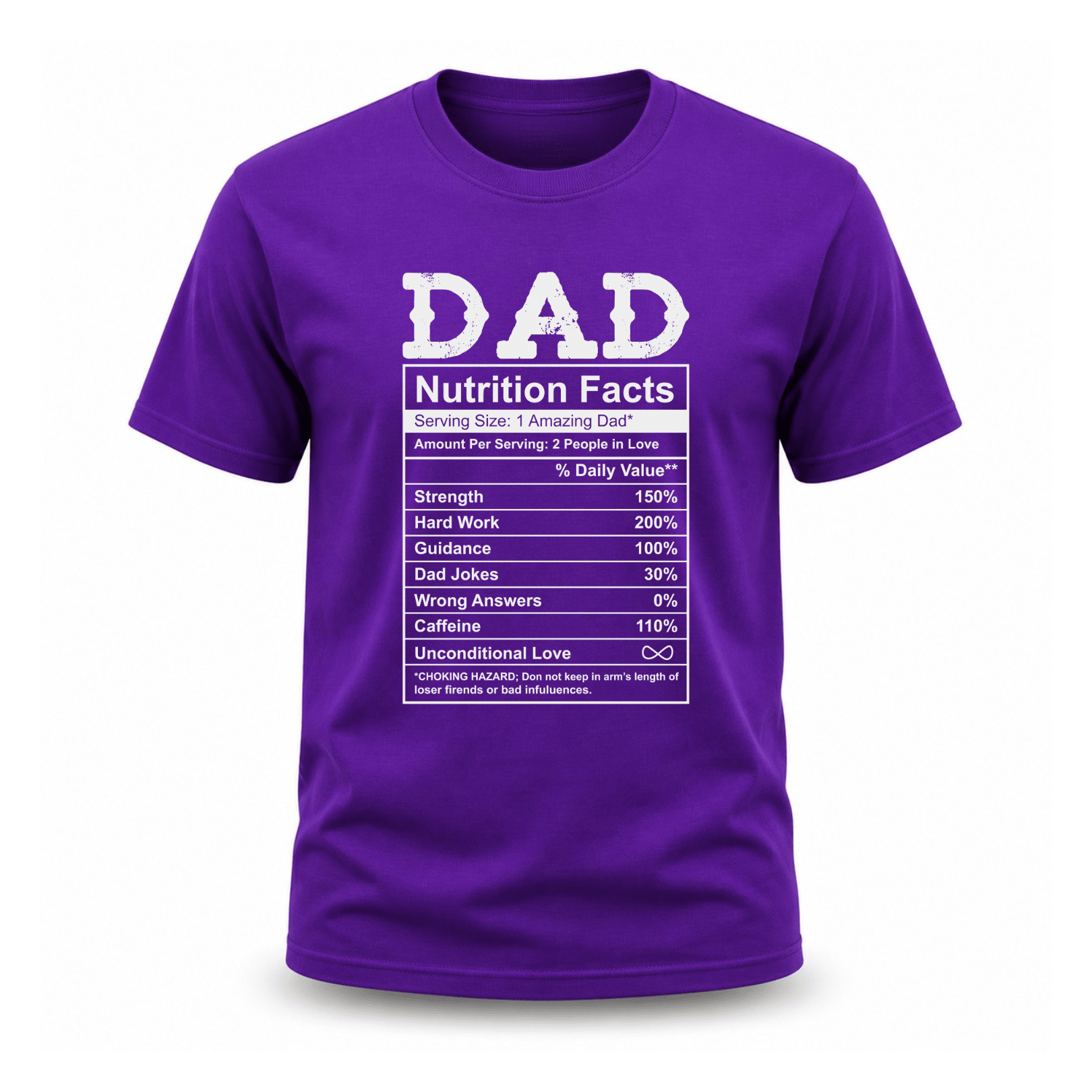 Purple funny dad humor shirt featuring caffeine guidance and dad jokes nutrition label artwork