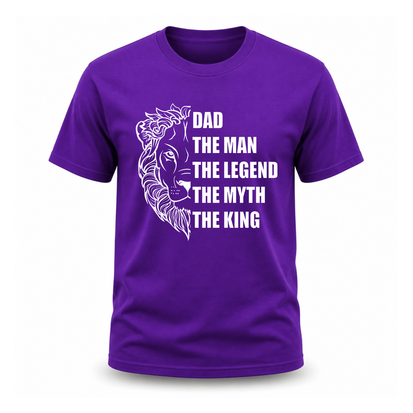 Purple Dad appreciation shirt with detailed lion face and family themed quote