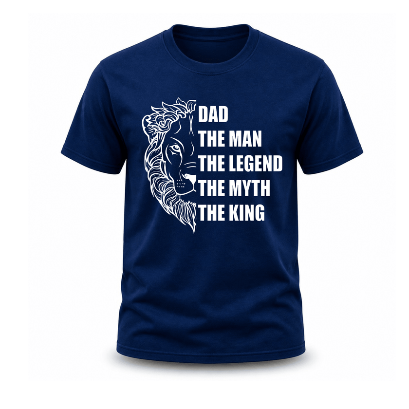 Navy lion father T shirt featuring bold king inspired graphic print design