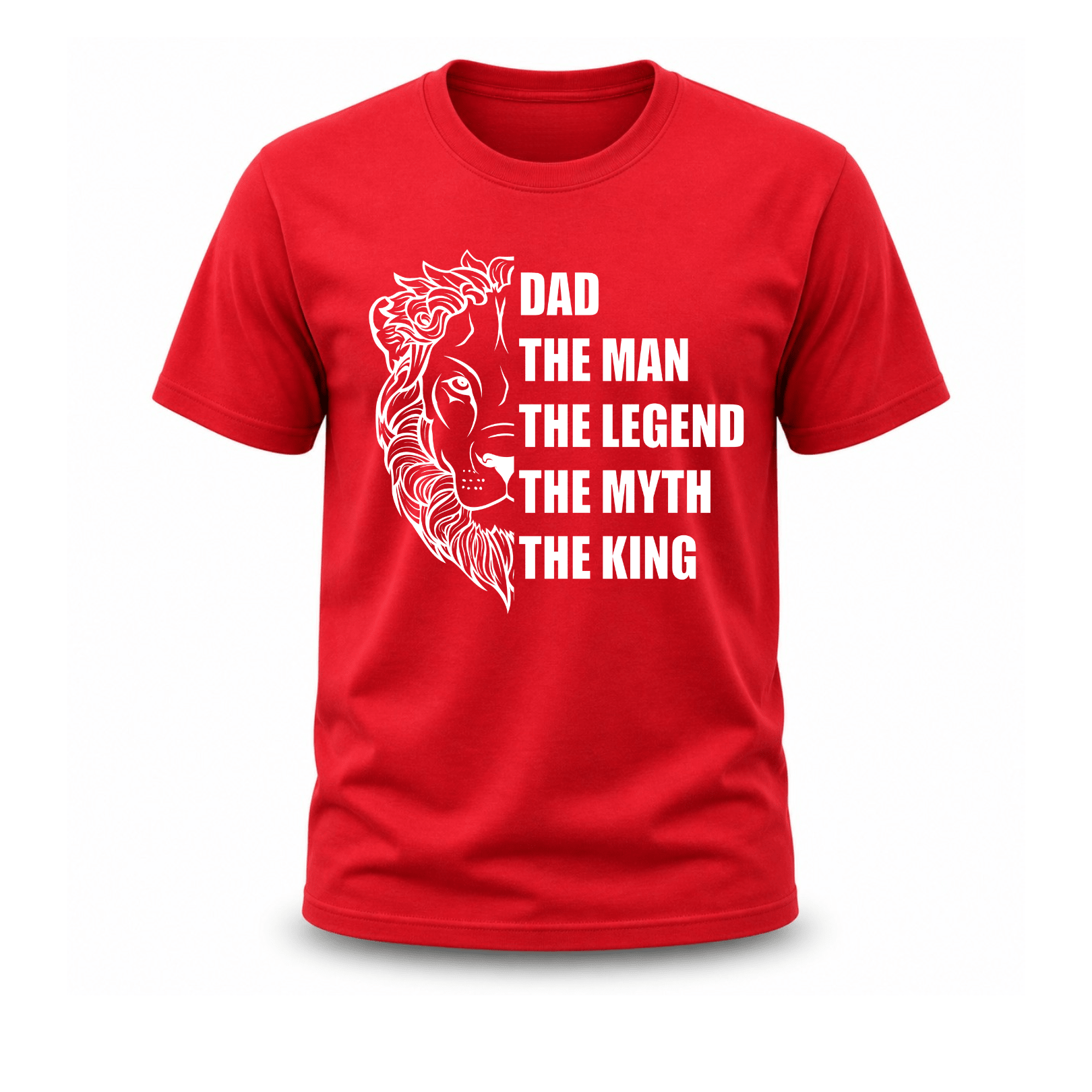Red Father's Day graphic tee with lion artwork and king Dad statement design