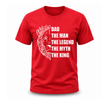 Red Father's Day graphic tee with lion artwork and king Dad statement design