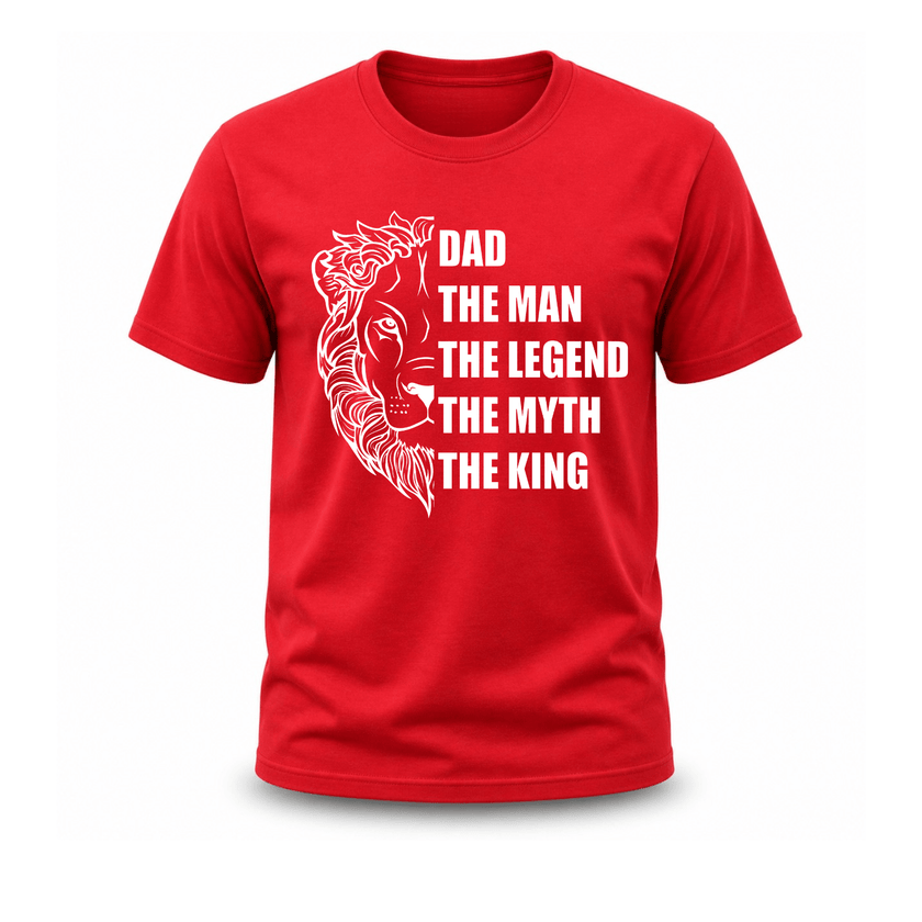 Red Father's Day graphic tee with lion artwork and king Dad statement design