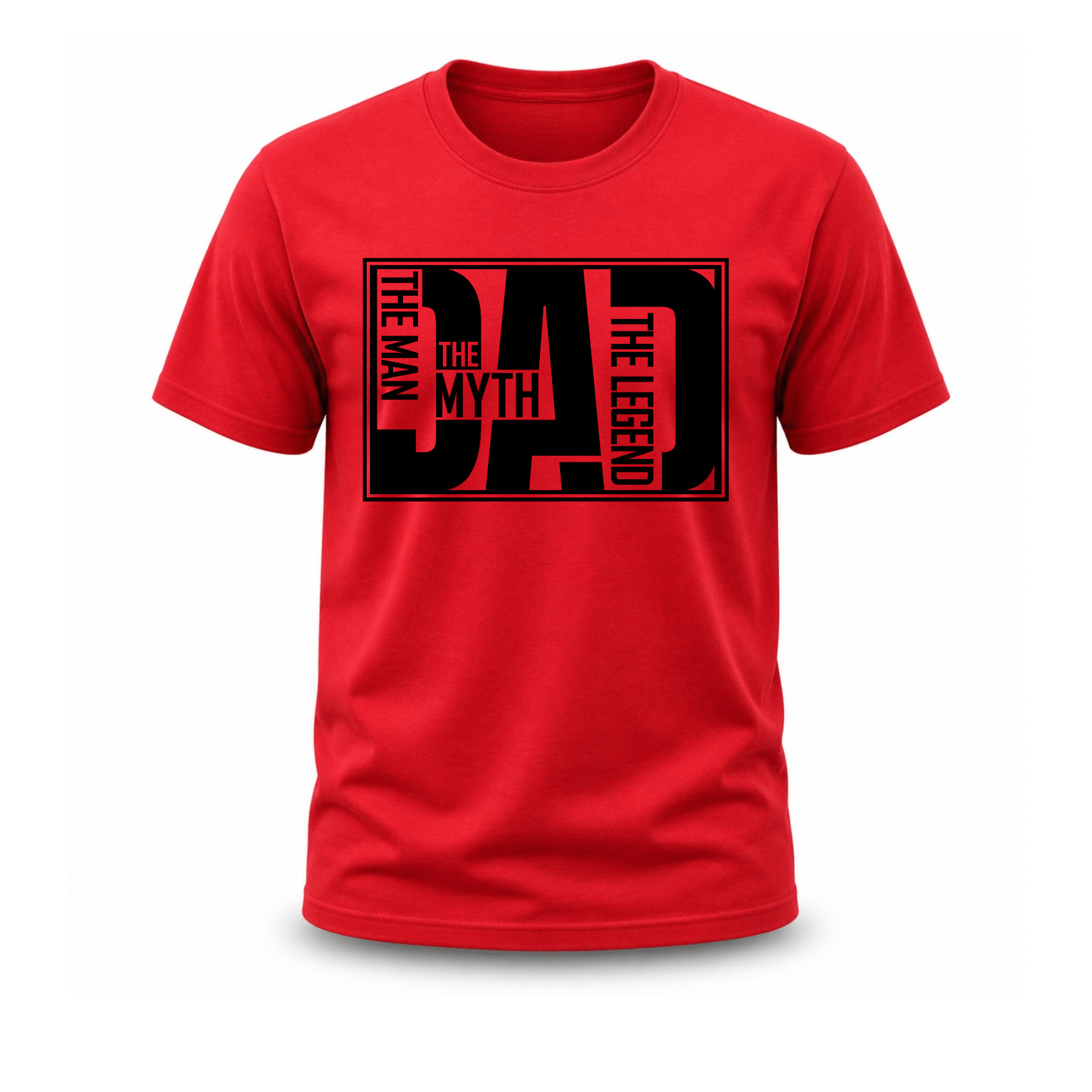 Bold red men's cotton tee featuring black oversized DAD typographic framed design The Man The Myth The Legend Father's Day birthday gift shirt