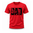 Bold red men's cotton tee featuring black oversized DAD typographic framed design The Man The Myth The Legend Father's Day birthday gift shirt