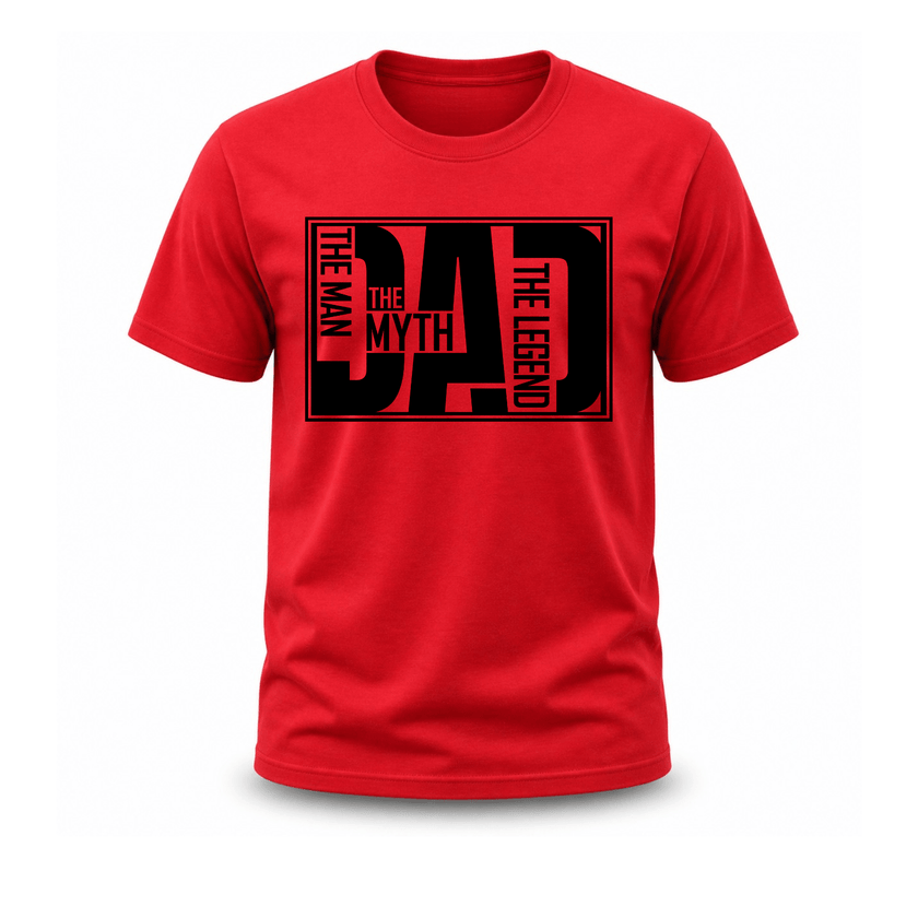 Bold red men's cotton tee featuring black oversized DAD typographic framed design The Man The Myth The Legend Father's Day birthday gift shirt
