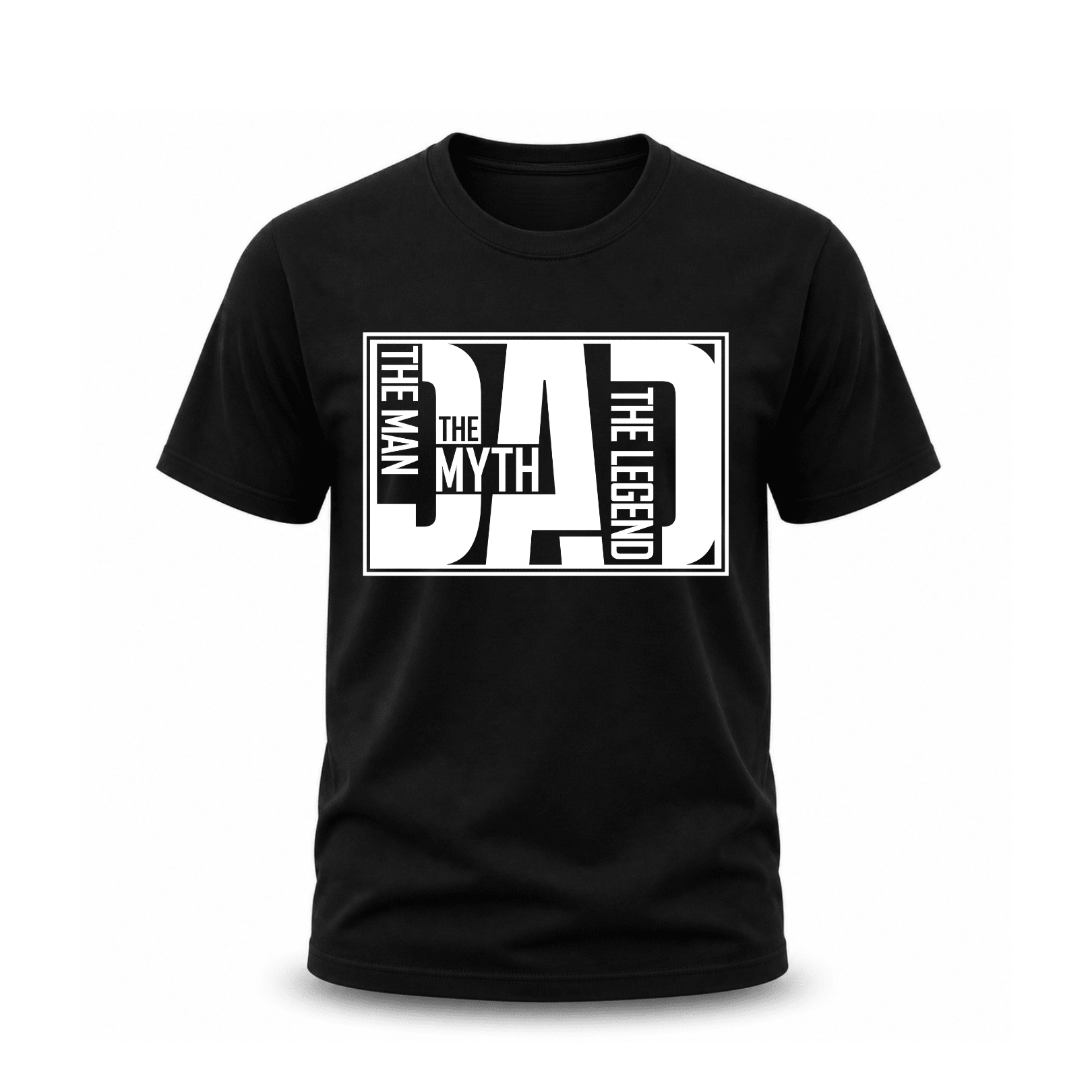 Black men's crew neck tee with bold oversized white DAD typographic design reading The Man The Myth The Legend Father's Day gift shirt