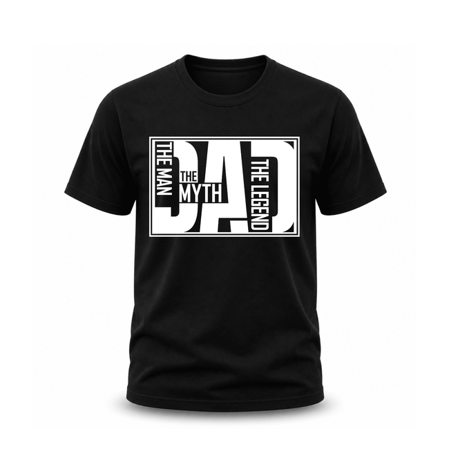 Black men's crew neck tee with bold oversized white DAD typographic design reading The Man The Myth The Legend Father's Day gift shirt