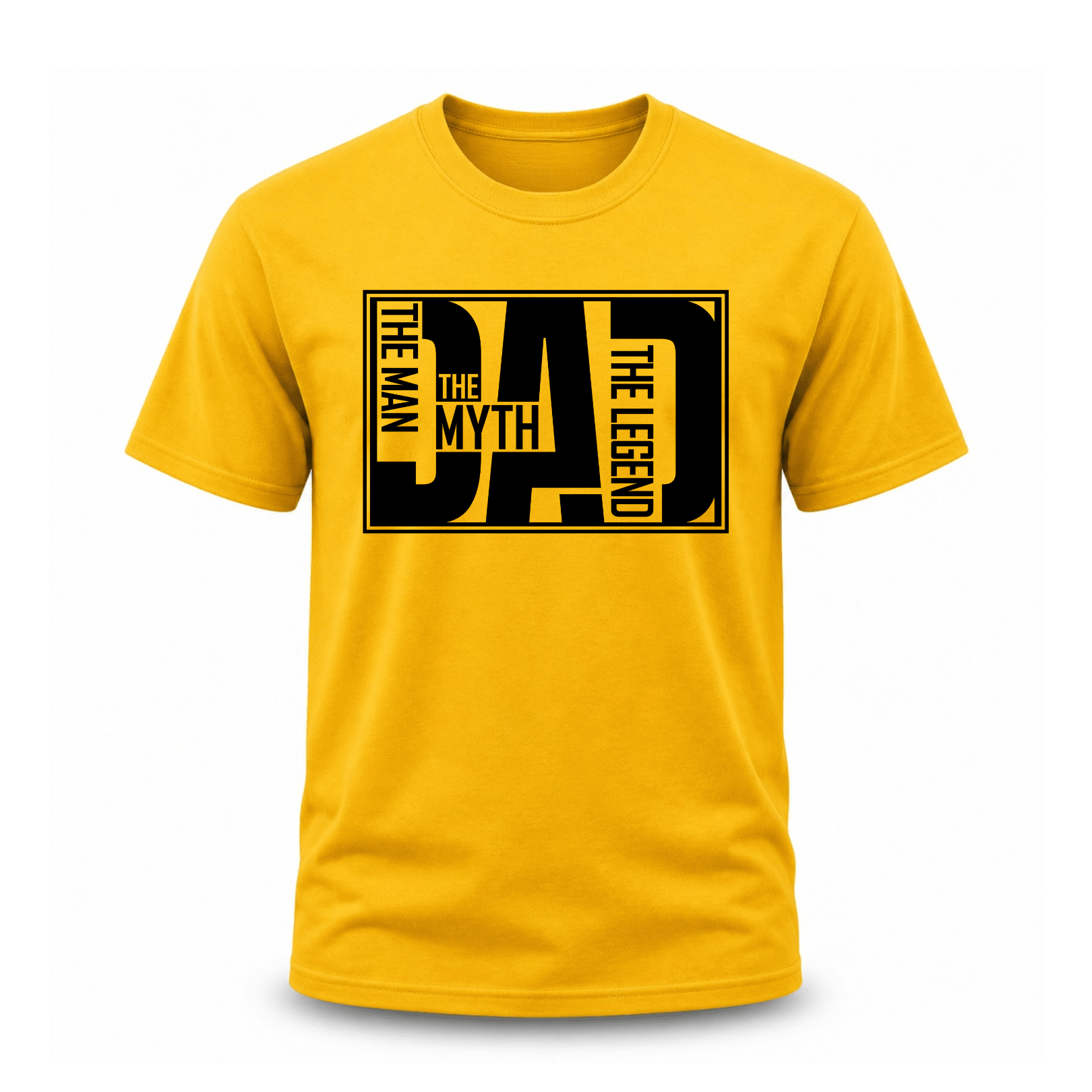 Bright gold yellow men's cotton t-shirt with bold black oversized DAD block letter framed graphic. The Man The Myth The Legend standout dad gift tee