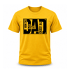 Bright gold yellow men's cotton t-shirt with bold black oversized DAD block letter framed graphic. The Man The Myth The Legend standout dad gift tee