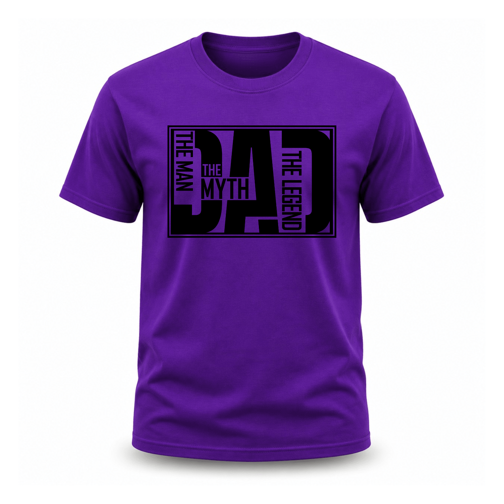 Men's purple cotton crew neck t-shirt with bold black DAD block letter graphic reading The Man The Myth The Legend unique dad gift shirt